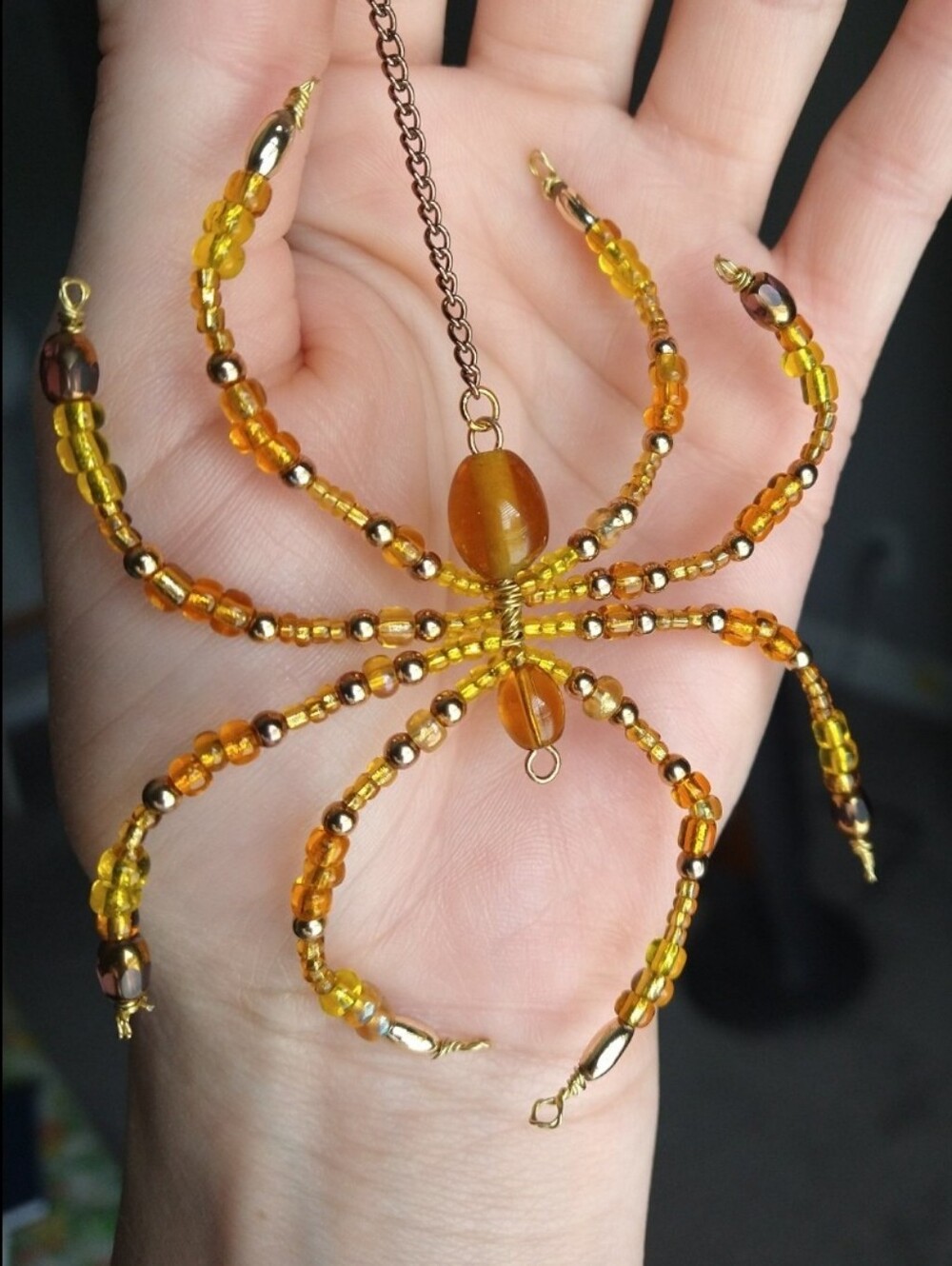 Hand Crafted Honey Drop Beaded Spider • Yellow, Amber, & Gold Accented - Picture 1 of 13